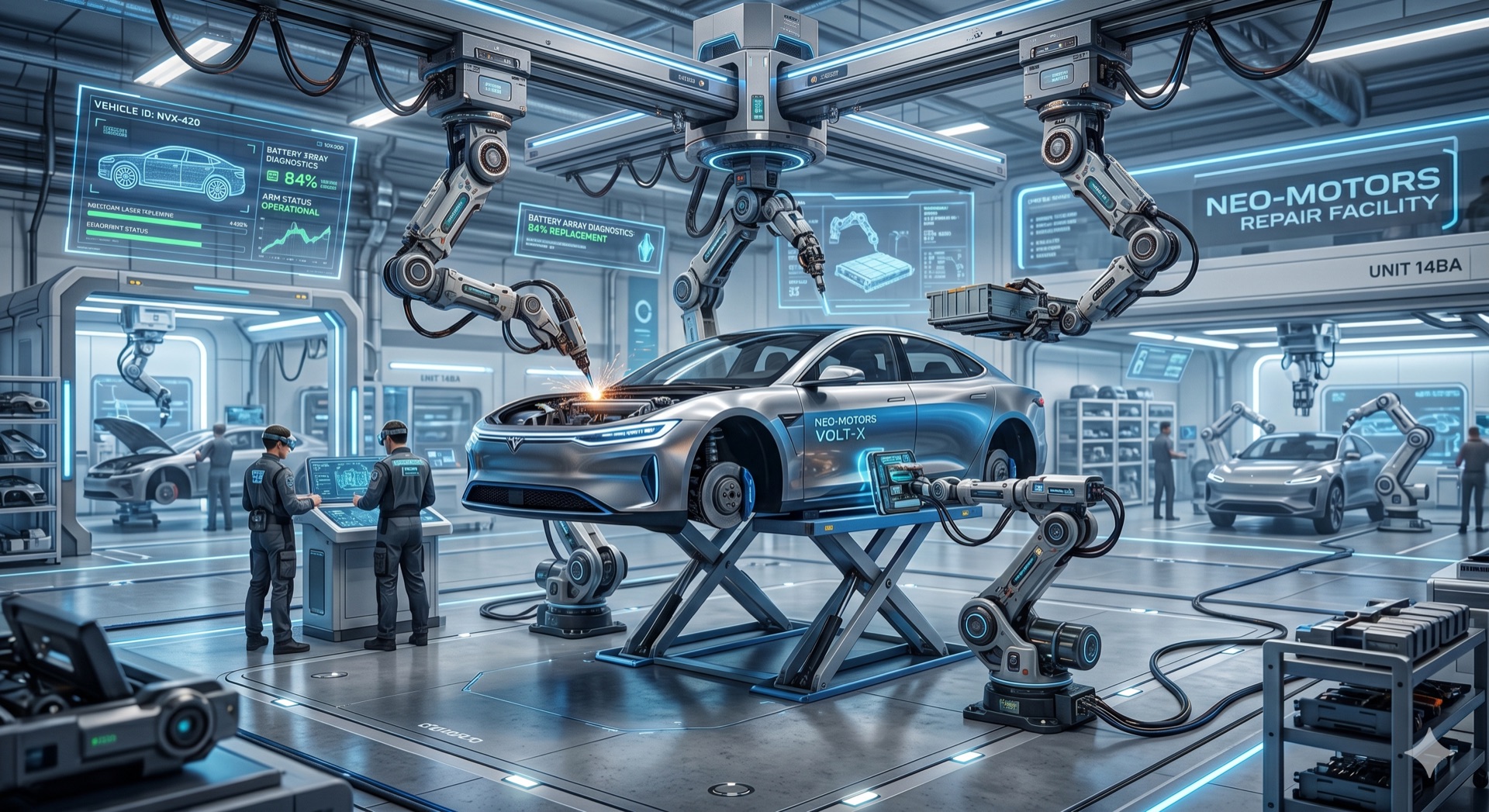Autoshops Tech autonomous repair facility with robotic arms servicing an electric vehicle while technicians monitor AI diagnostics